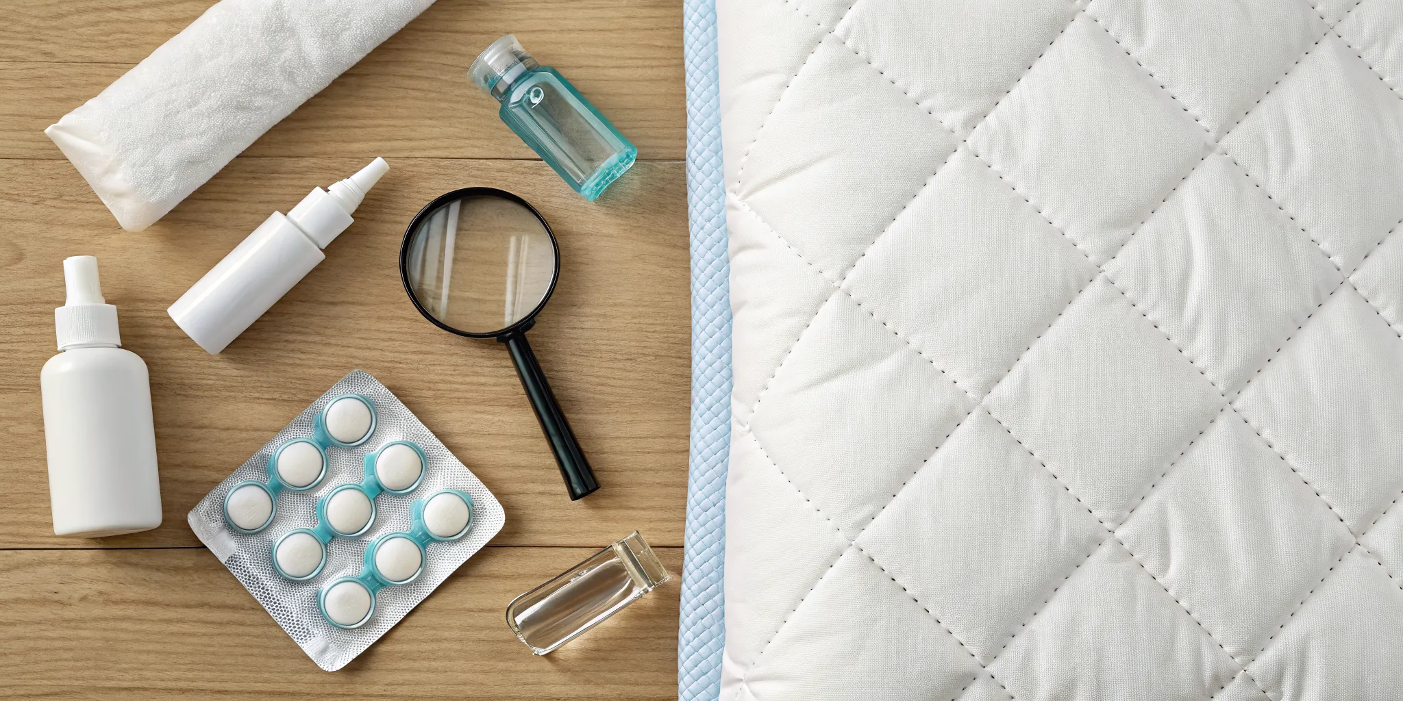 At-home treatment supplies for bed bug bites, including soothing cream and a cold pack.