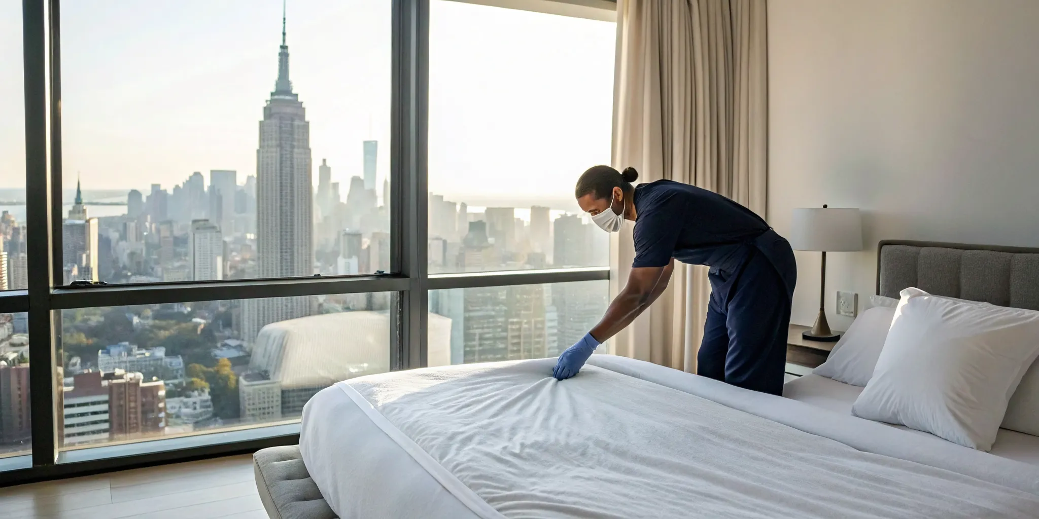 A professional prepares a bed in a New York home for bed bug removal.