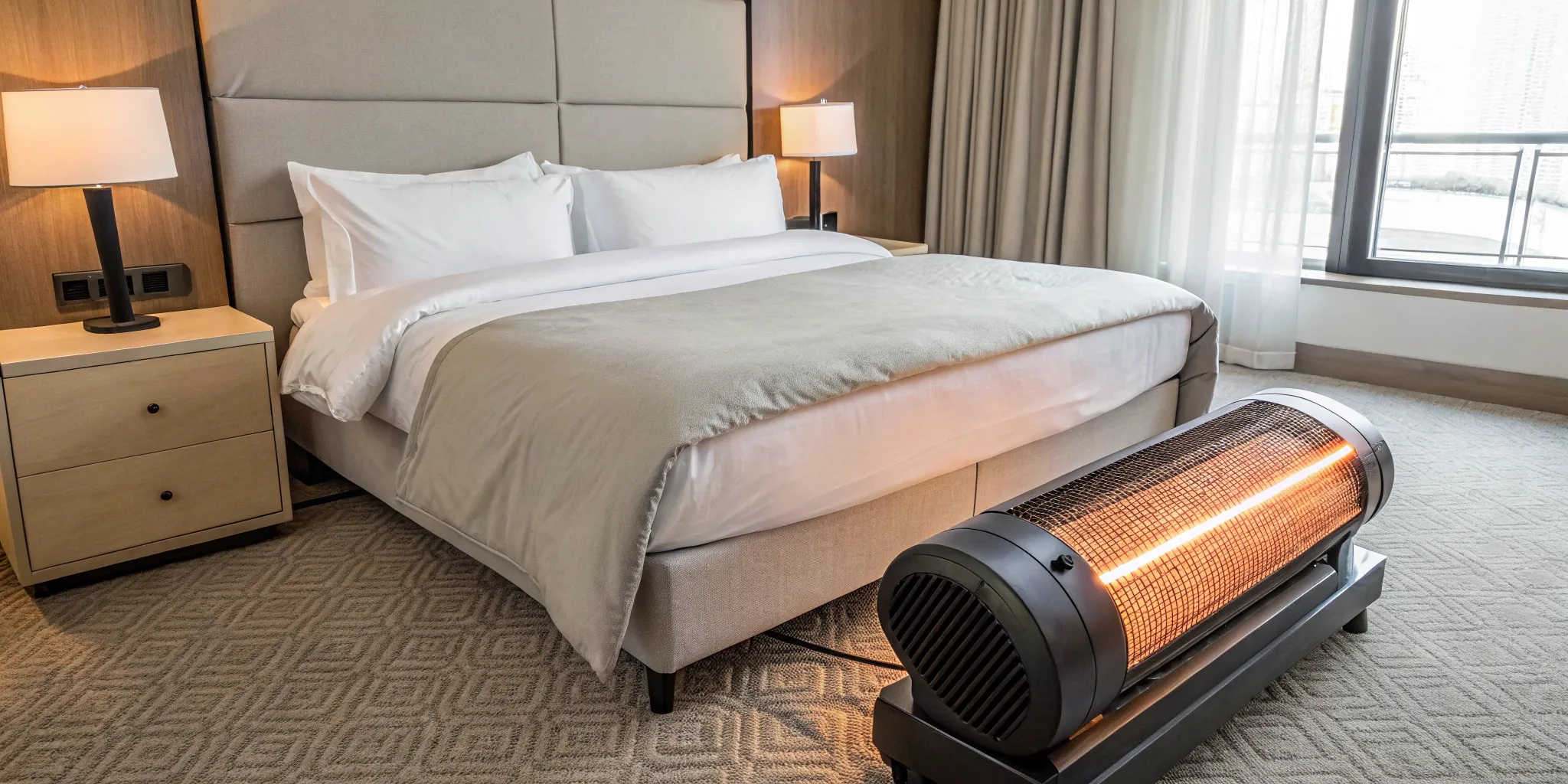 Professional equipment for a bed bug heat treatment raising the temperature in a bedroom.