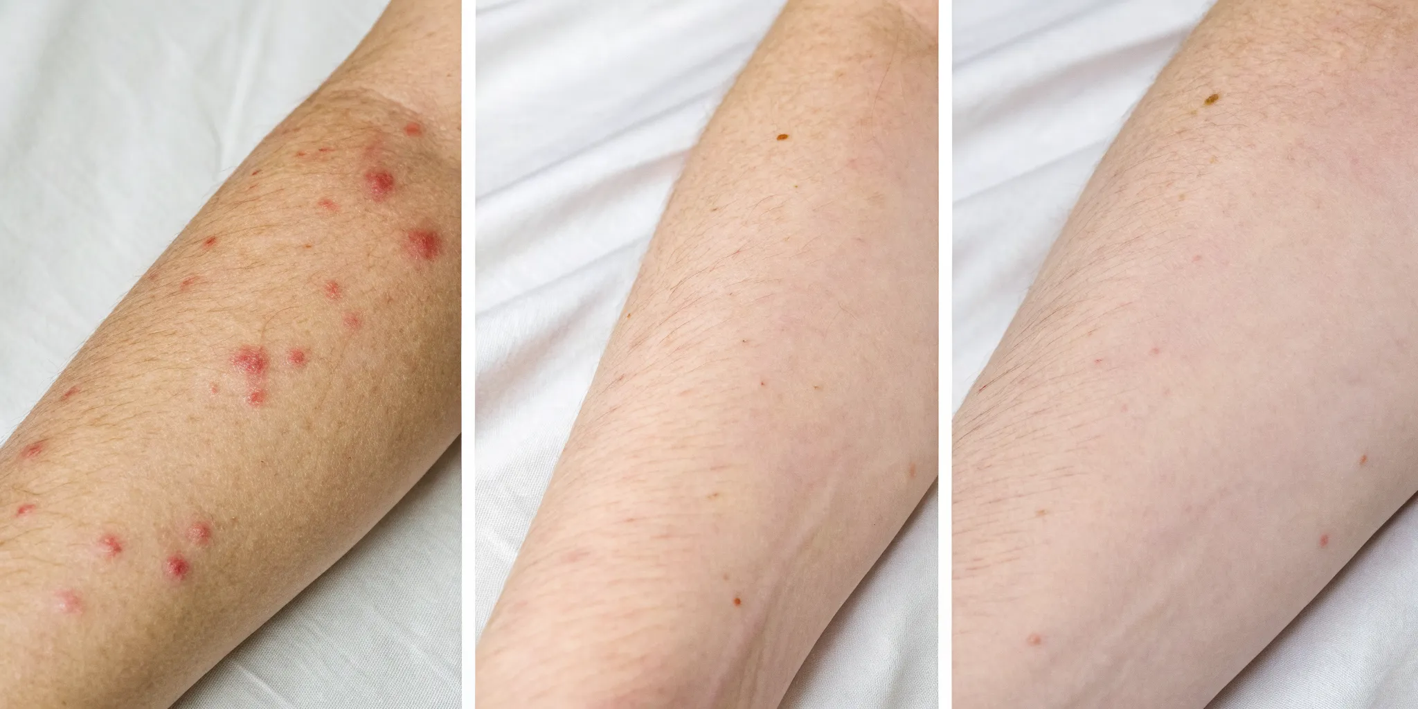 What bed bug bites look like: small red bumps on skin in a line or zigzag pattern.