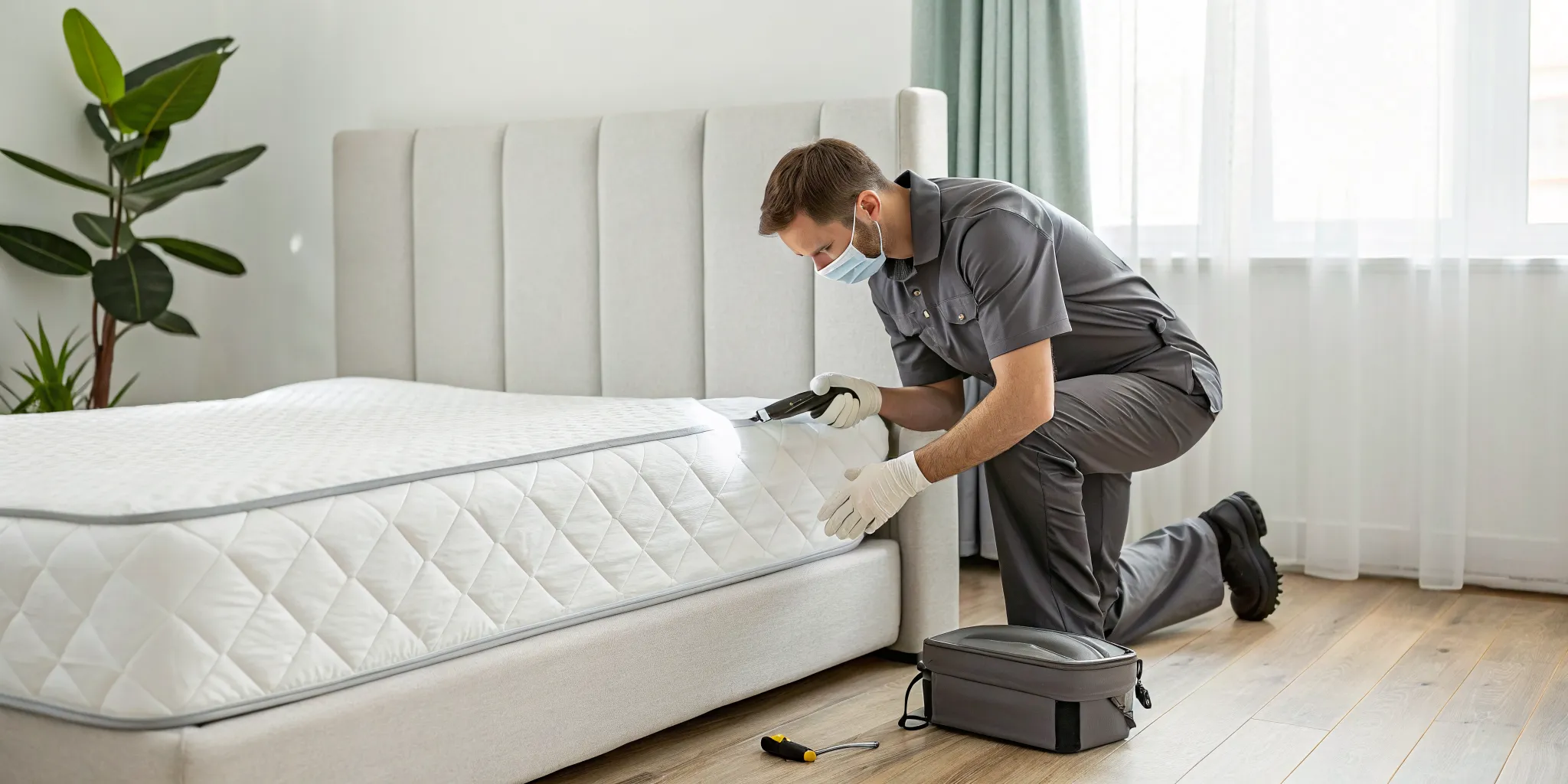 Inspector performs a free bed bug inspection on a mattress with a flashlight.