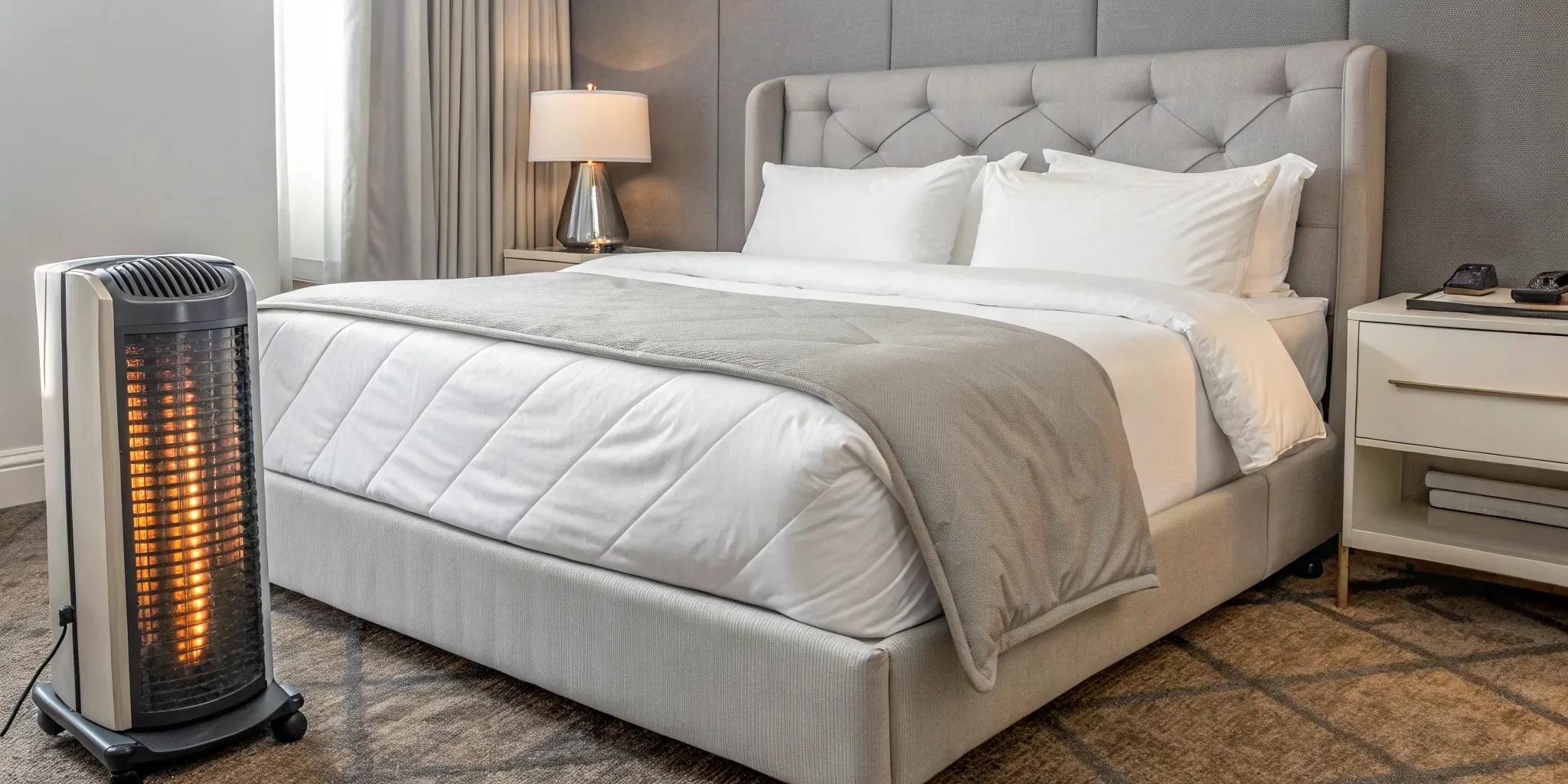 Professional equipment for a bed bug heat treatment set up in a bedroom.