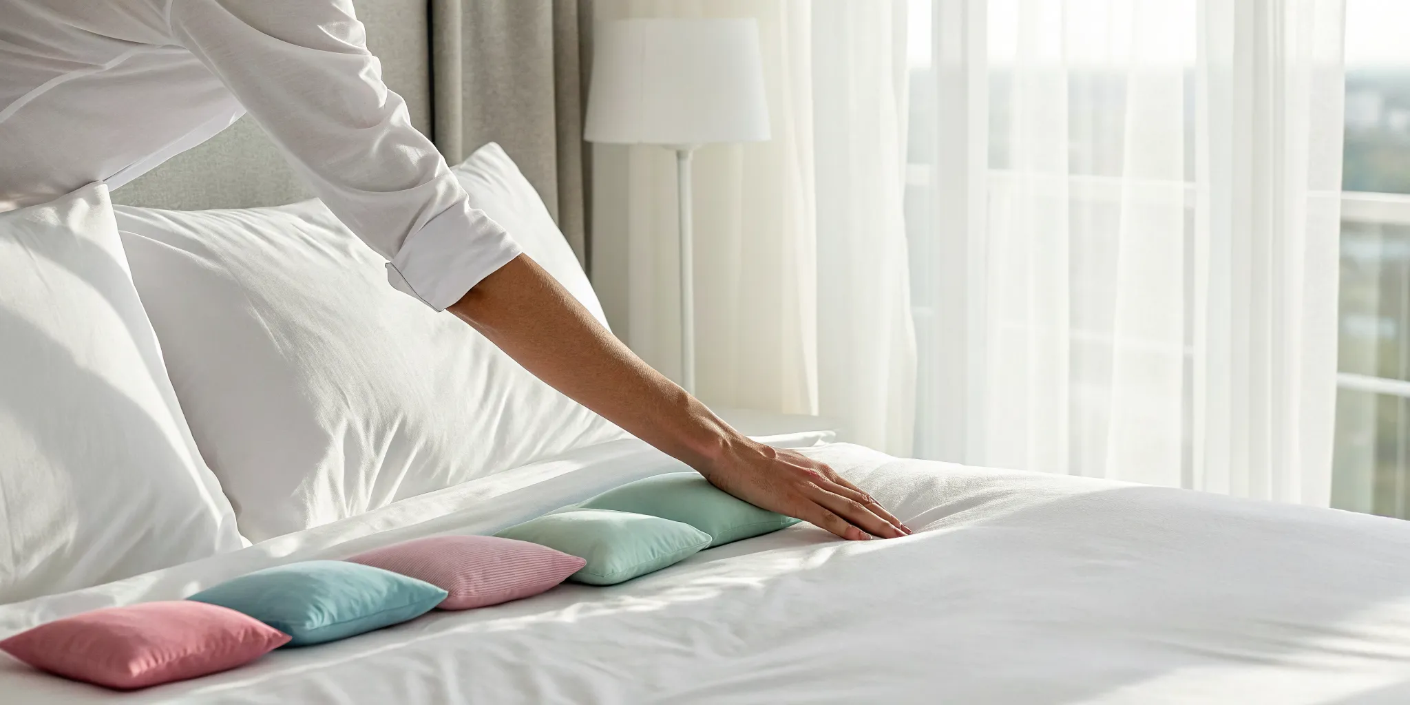 Smoothing a clean sheet on a bed to prevent bed bug bites.