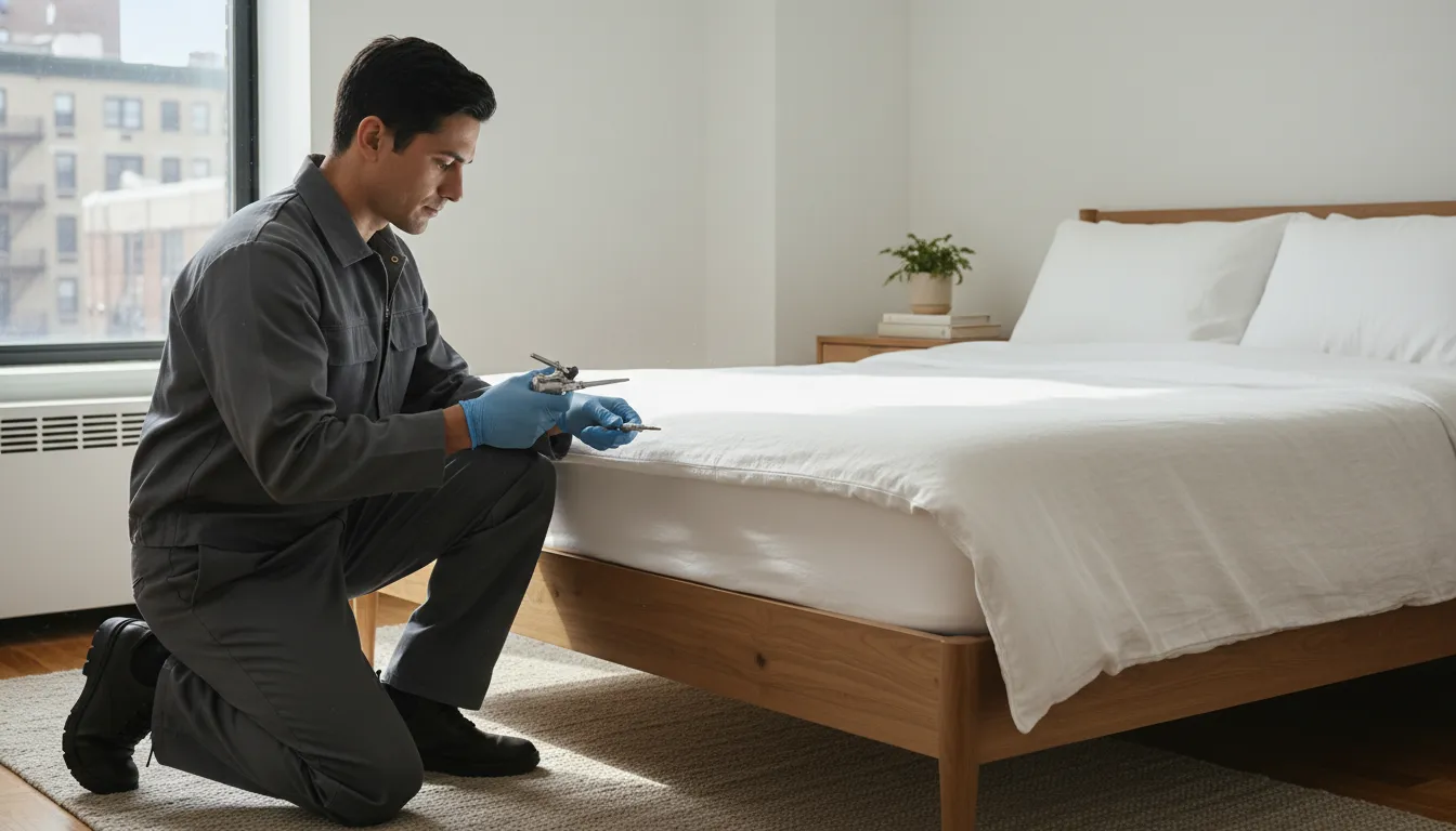 Professional inspecting a bed frame for bed bug fungus treatment in an NYC apartment