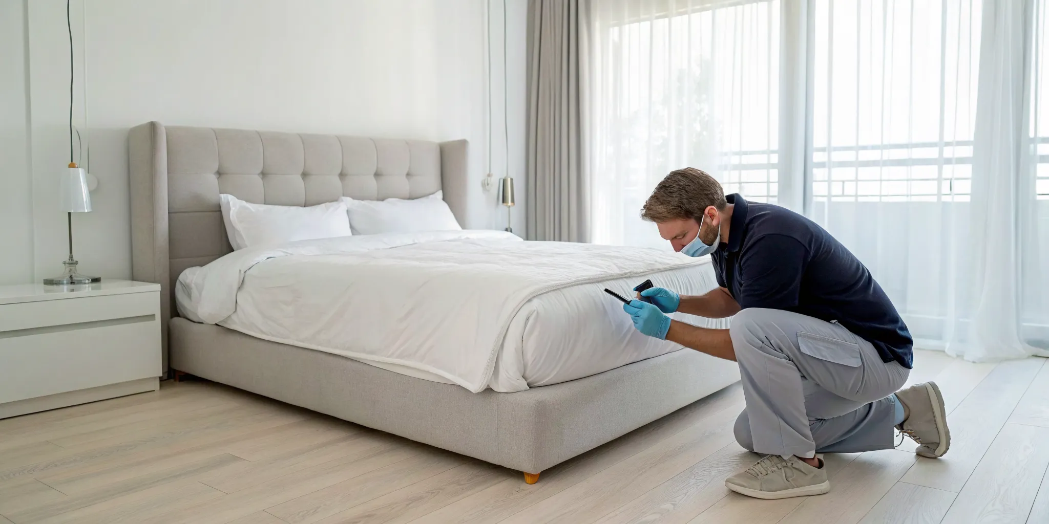 Technician from a bed bug inspection service checks a mattress.