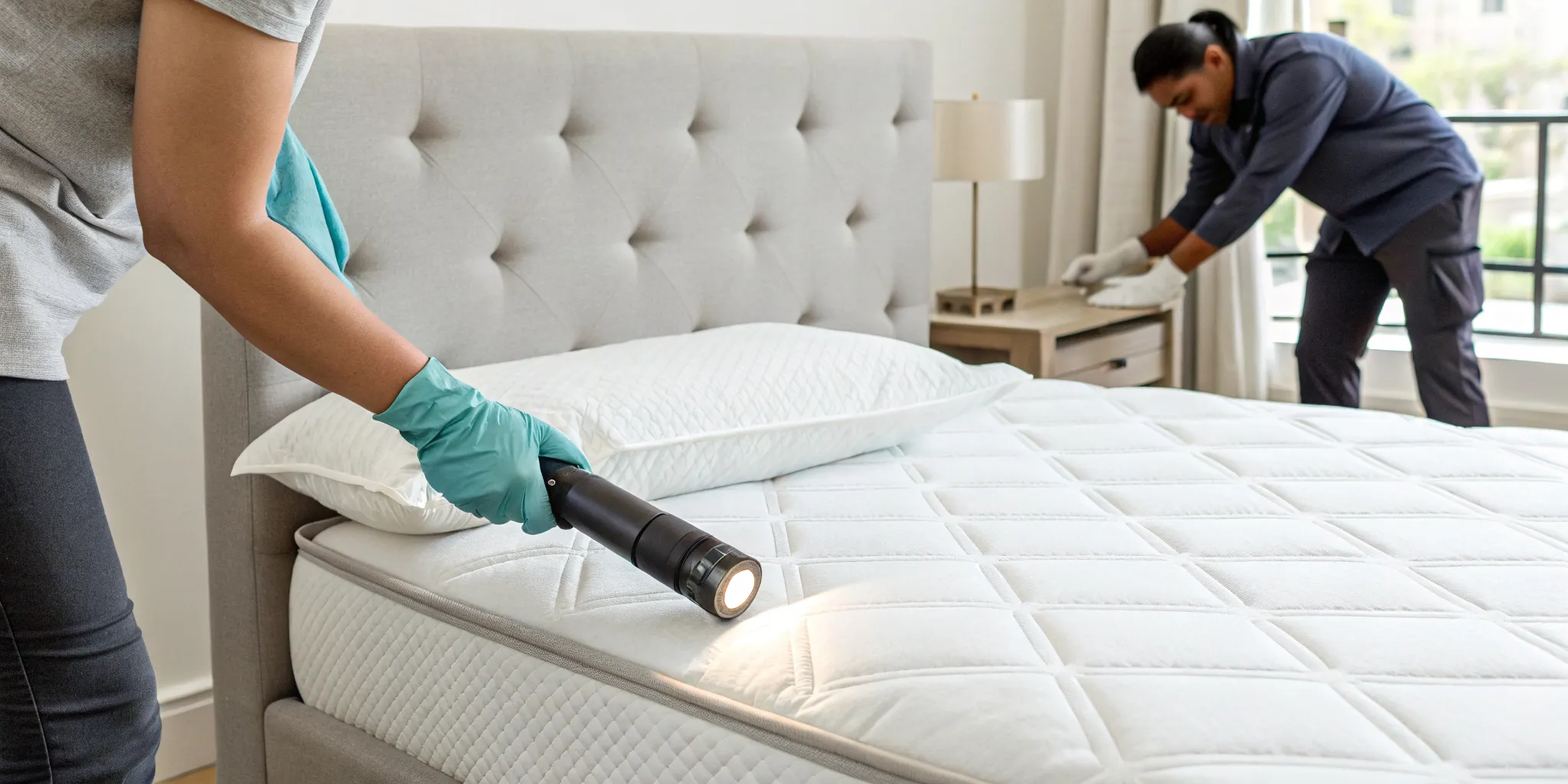 Professionals inspect a mattress before applying a bed bug spray treatment.