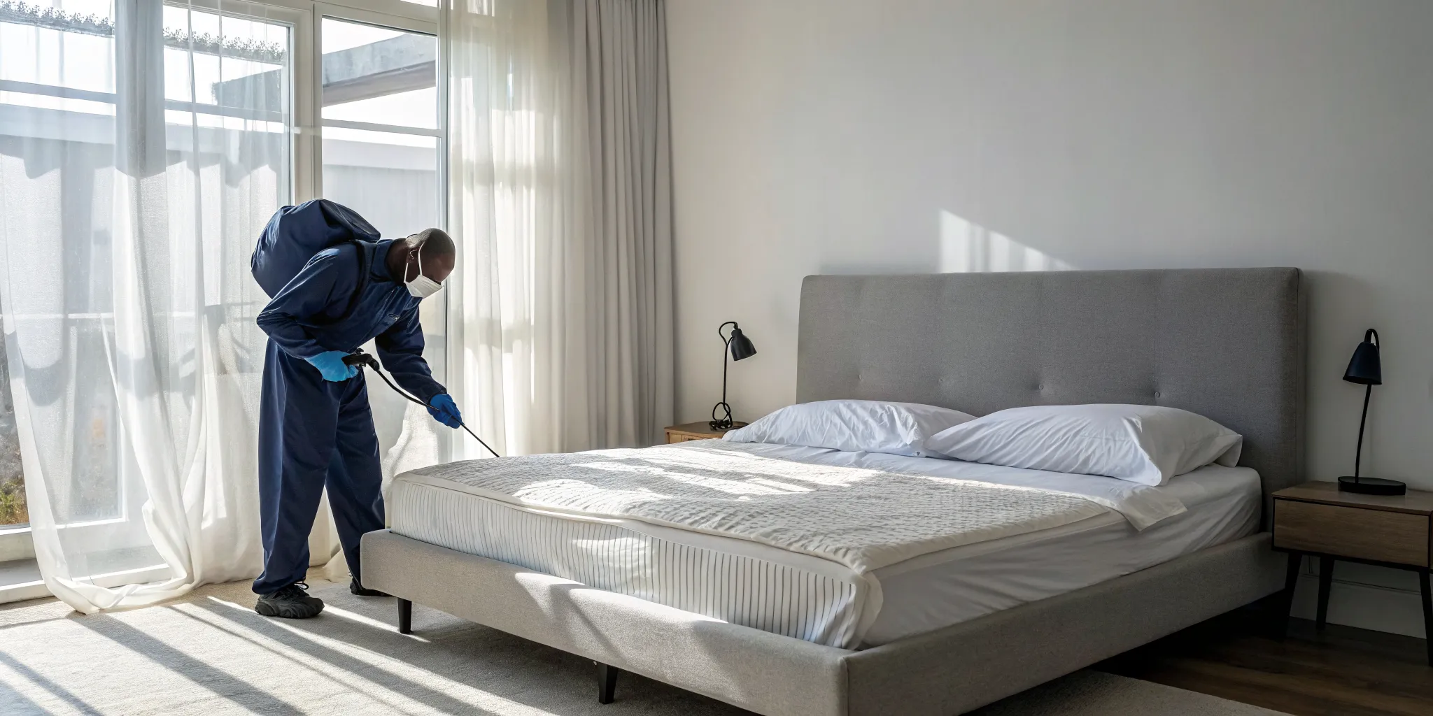Professional performing emergency bed bug removal on a mattress.