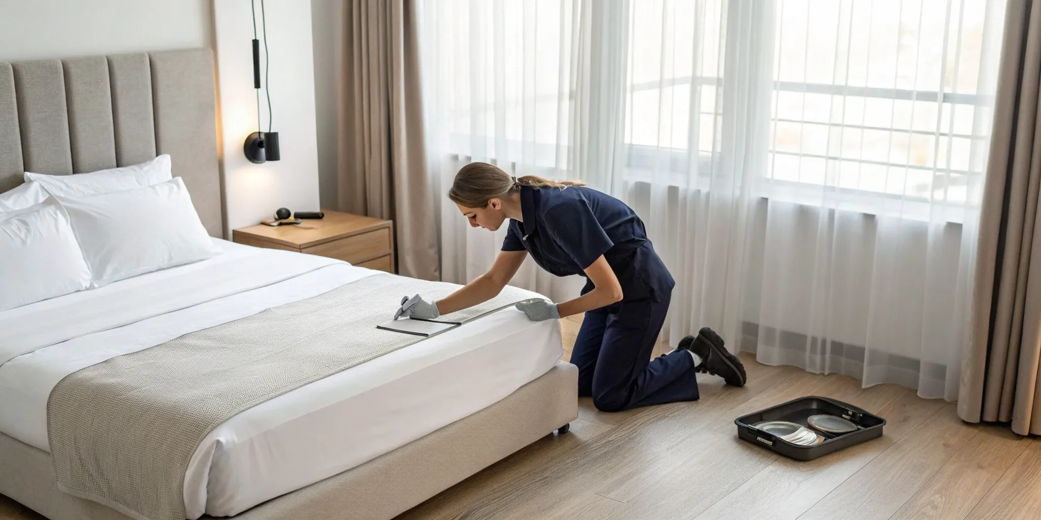 Bed bug exterminator inspecting a mattress to determine how much treatment will cost.