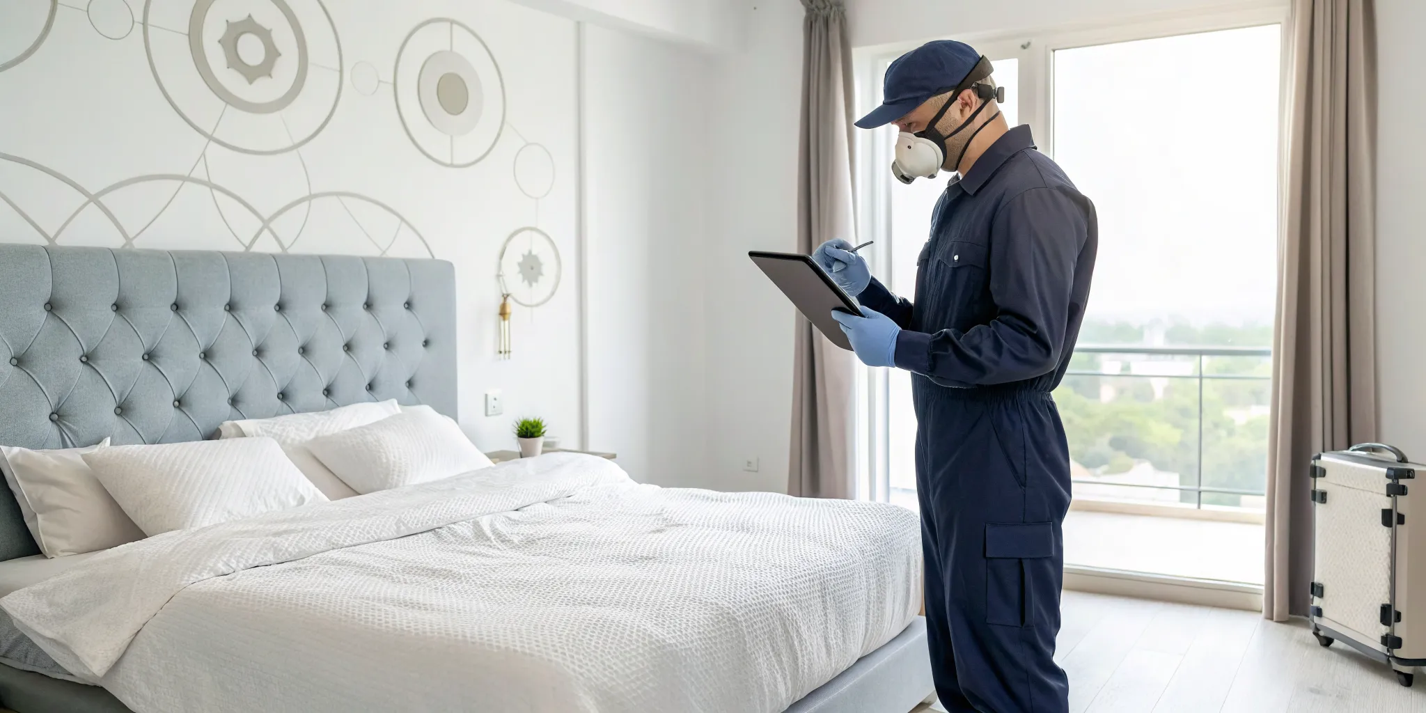 Bed bug exterminator inspects a bedroom to determine how much the treatment will cost.