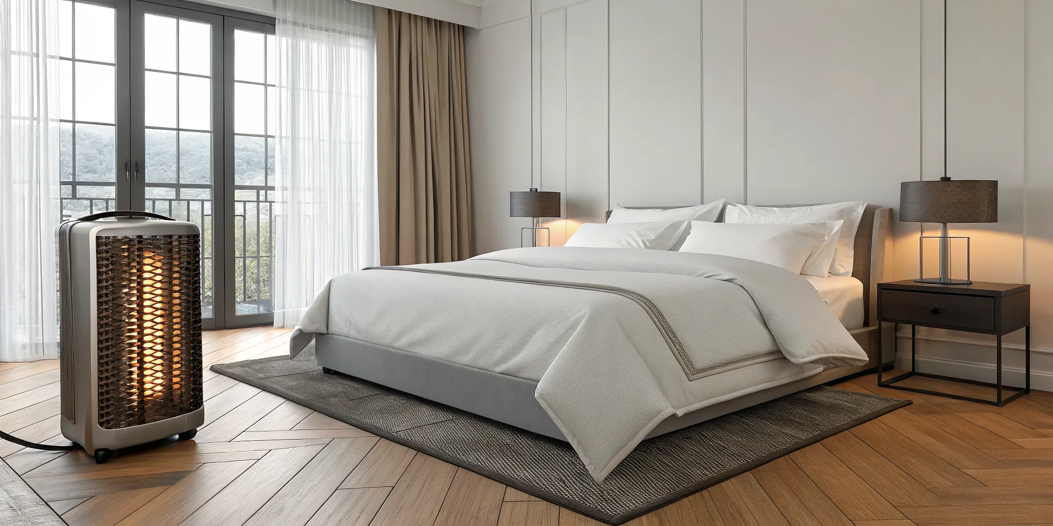 Professional bed bug heat treatment equipment set up around a bed in a bedroom.