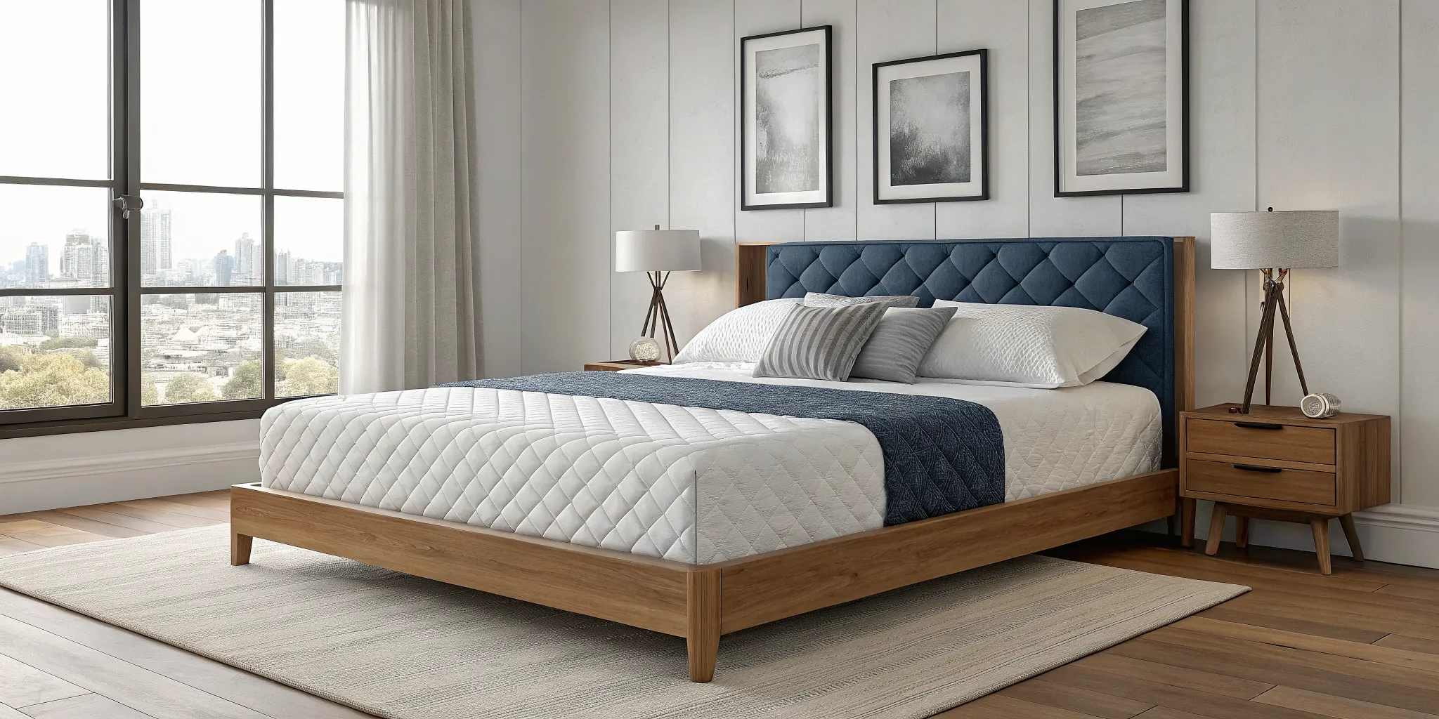 A made bed with a blue headboard, a primary place to check for bed bugs.