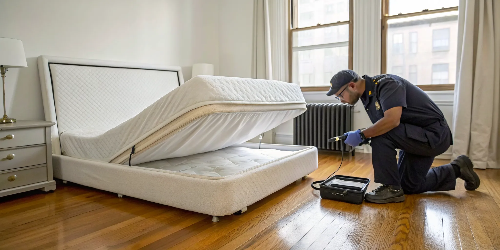 Bed bug exterminator in Bronx, NY inspects a bed for an infestation.