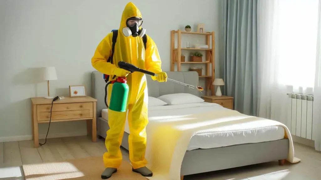 Professional bed bug control technician inspecting an NYC apartment bedroom