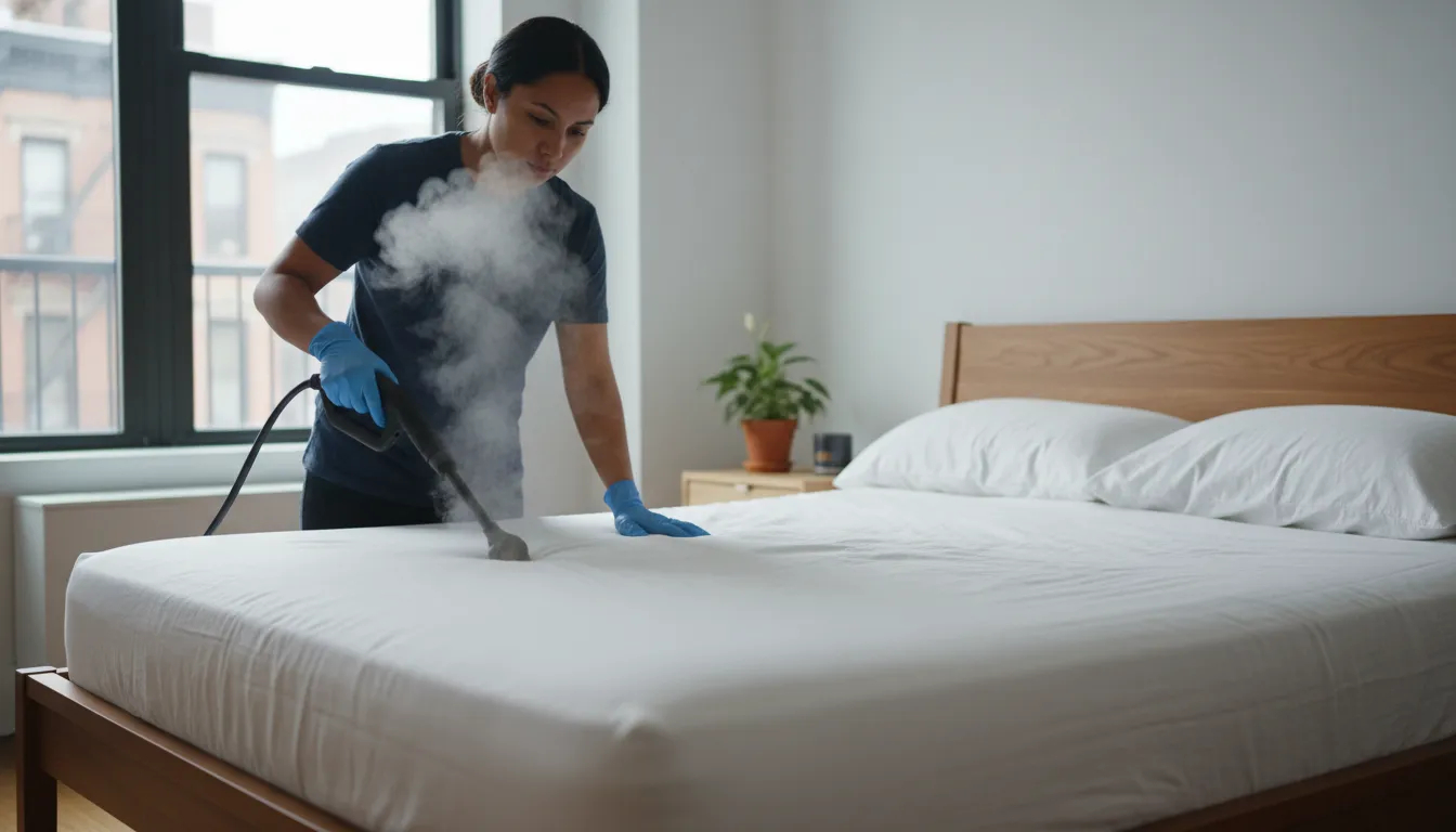 Professional steam treatment for bed bugs in an NYC bedroom