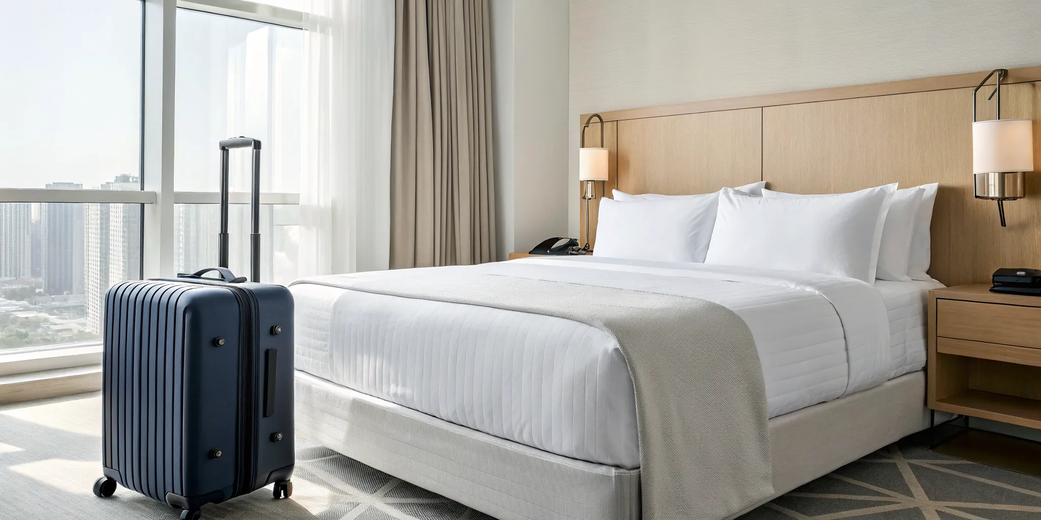A suitcase next to a hotel bed, a key source for where bed bugs come from.