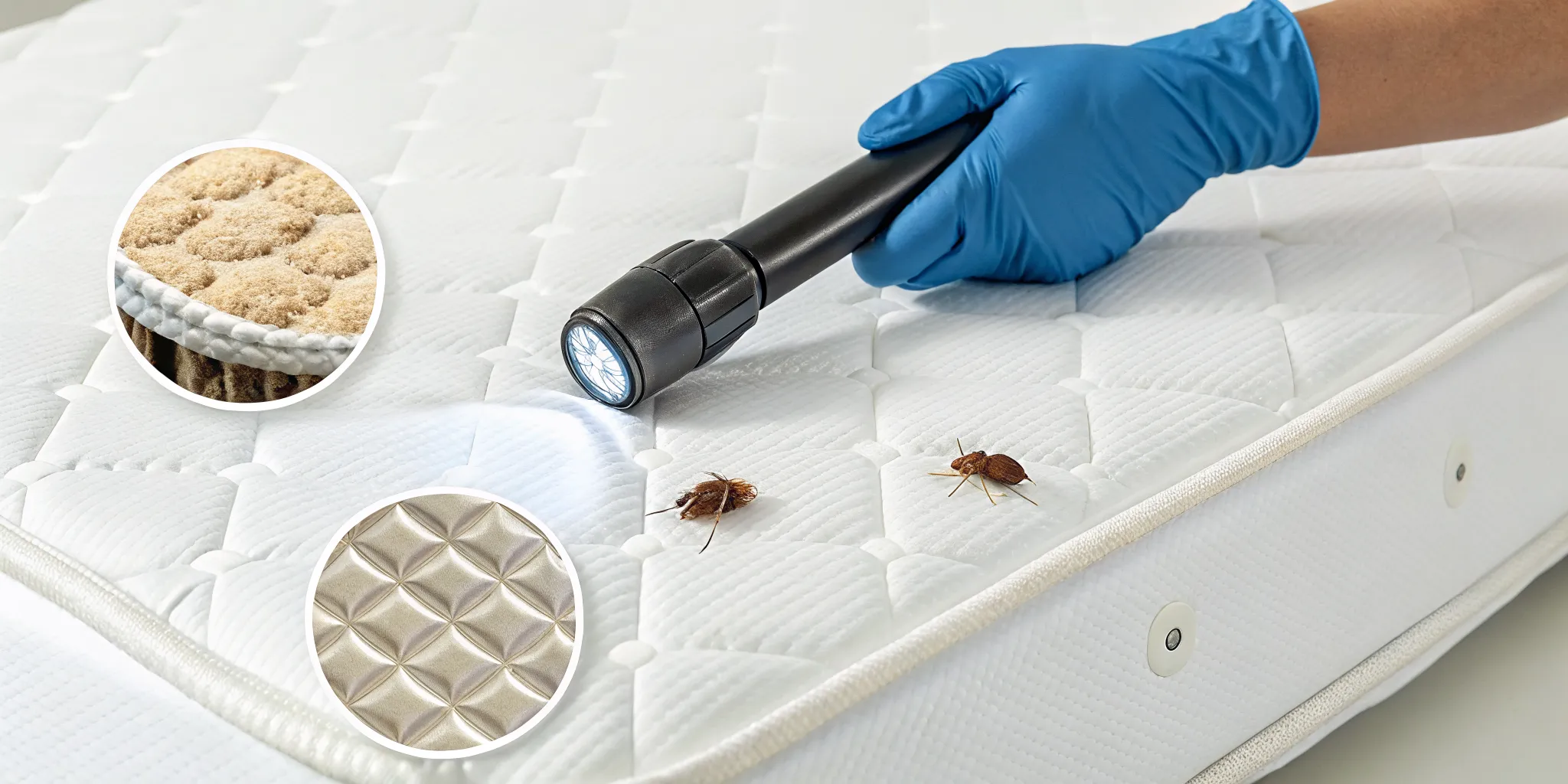 Searching a mattress seam with a flashlight for where to find bed bug eggs.
