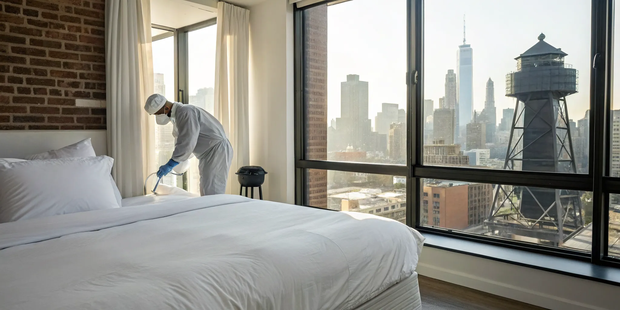 Professional bed bug removal service treating a bedroom in a New York apartment.