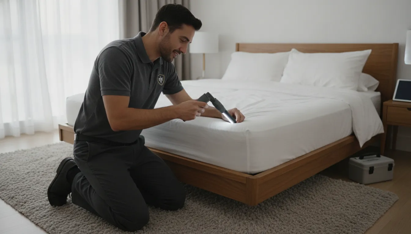 Bed bug specialist inspecting a mattress seam in a New York City home