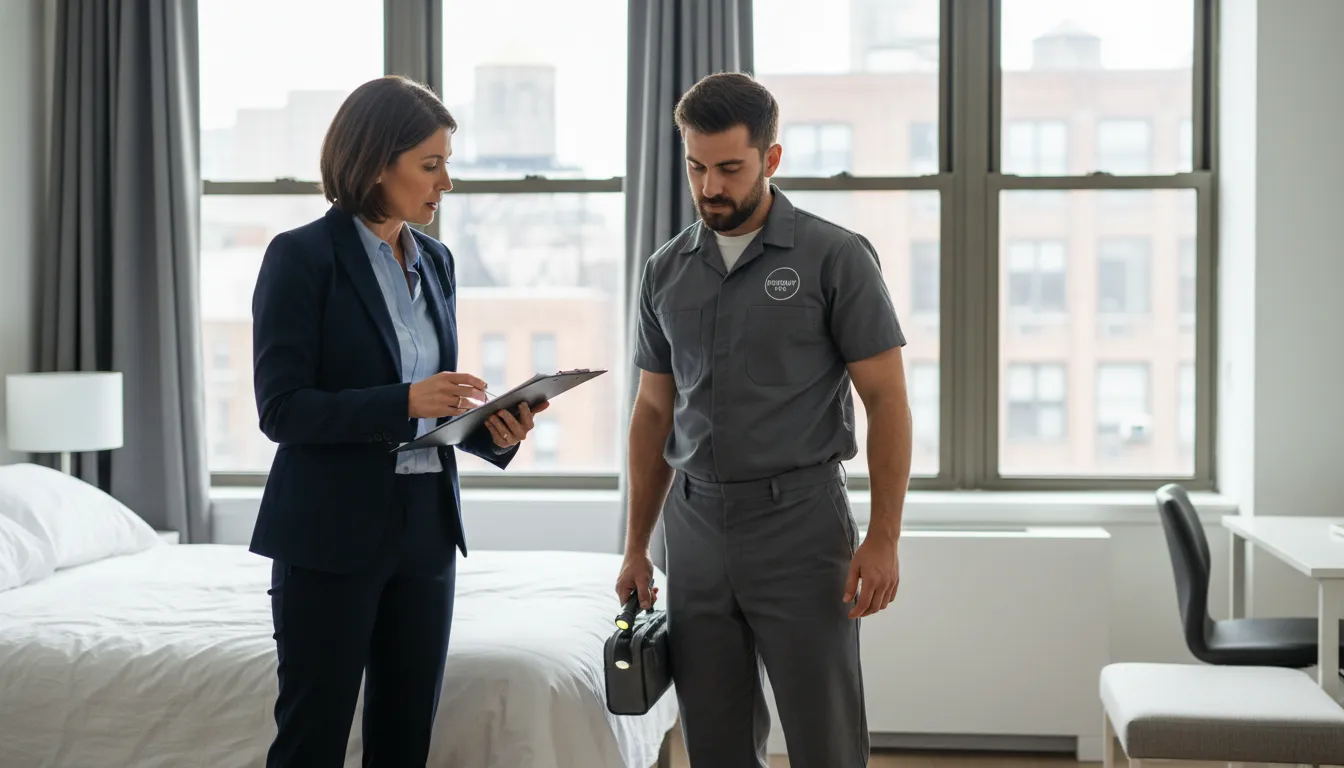 Property manager meeting with a bed bug control specialist