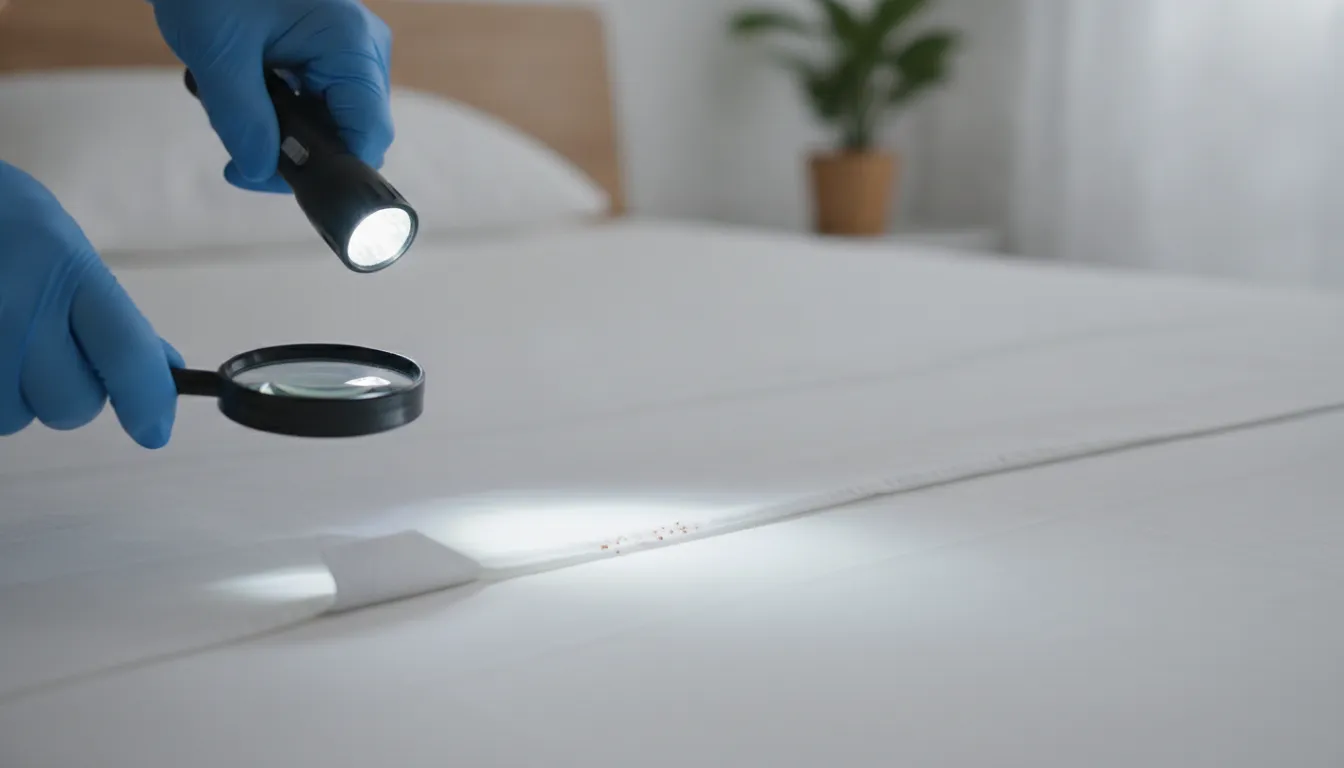 Professional inspection of possible bed bug stains on sheets