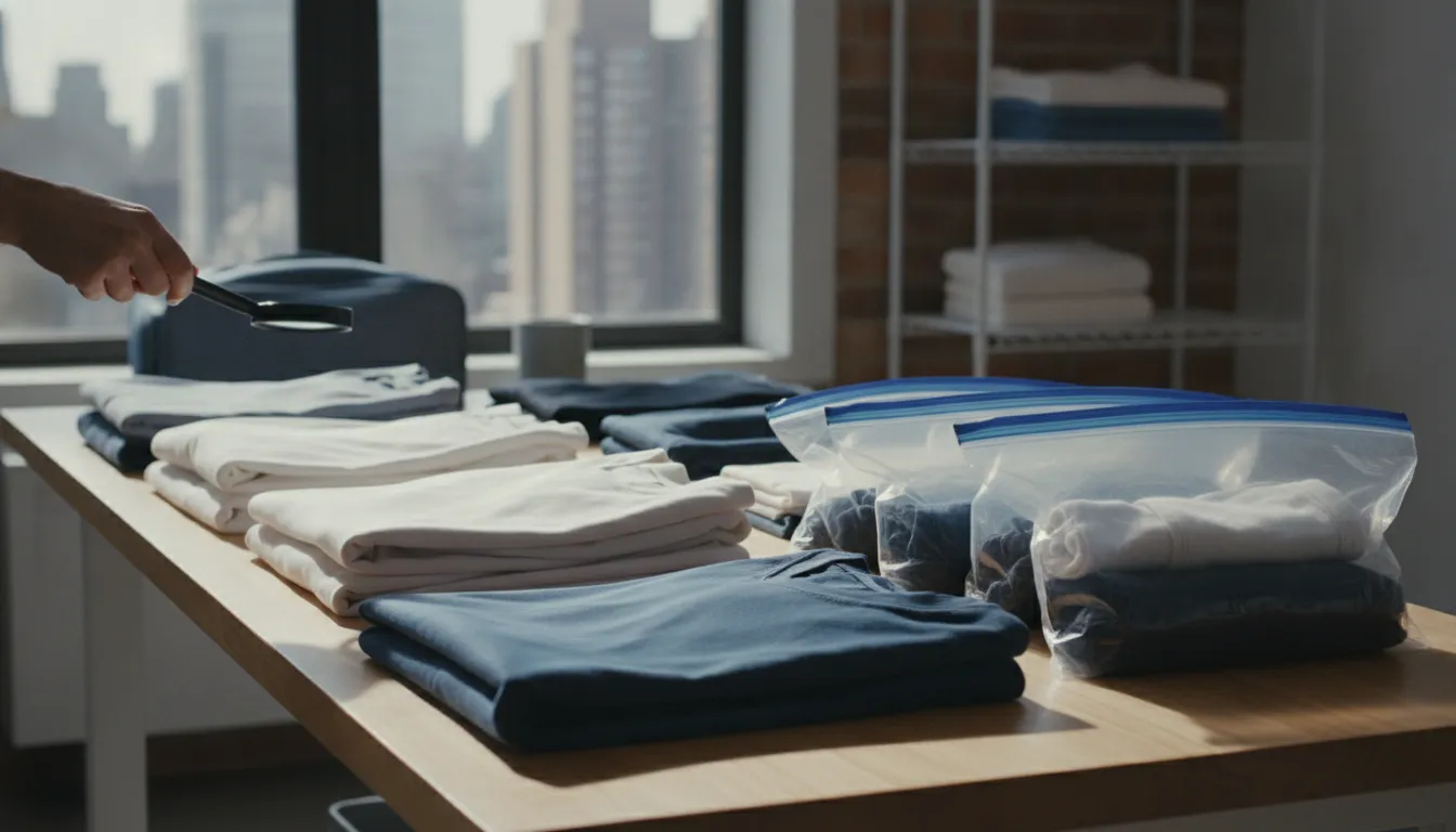 Folded clothes being inspected and stored in sealed bags
