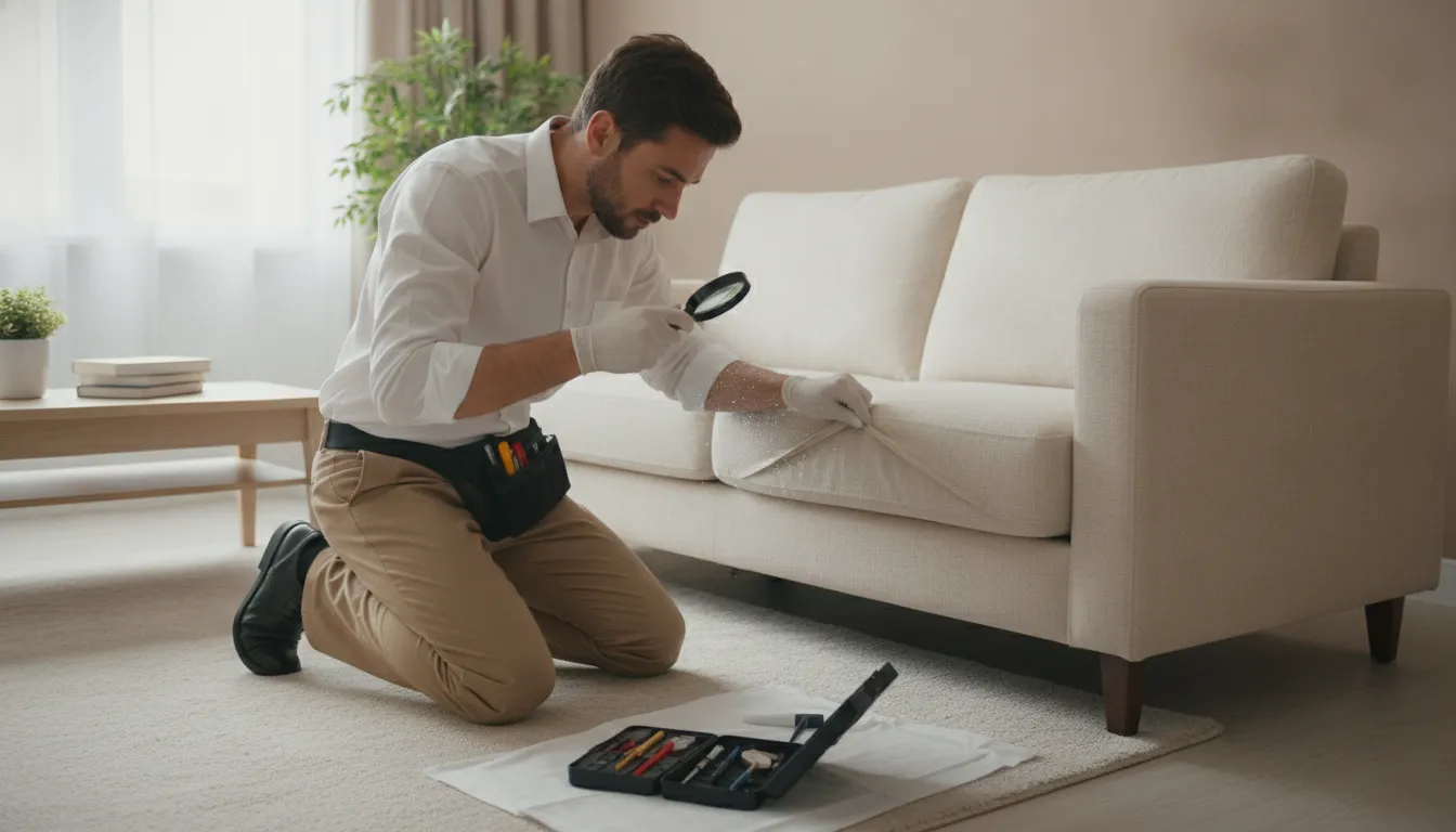 Professional inspecting couch seams for bed bugs in couch upholstery