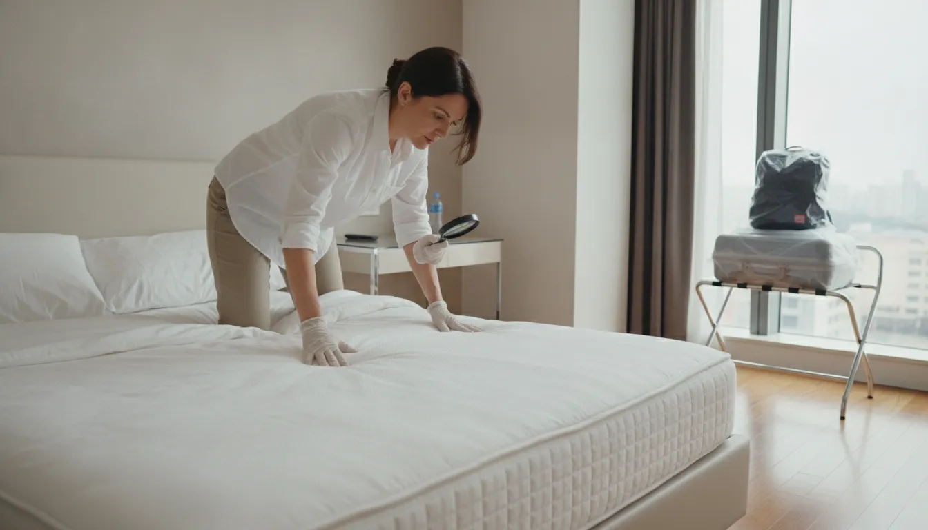 Traveler inspecting a hotel mattress for bed bugs