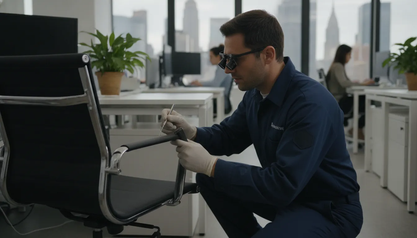 Technician discreetly inspecting an office chair for bed bugs