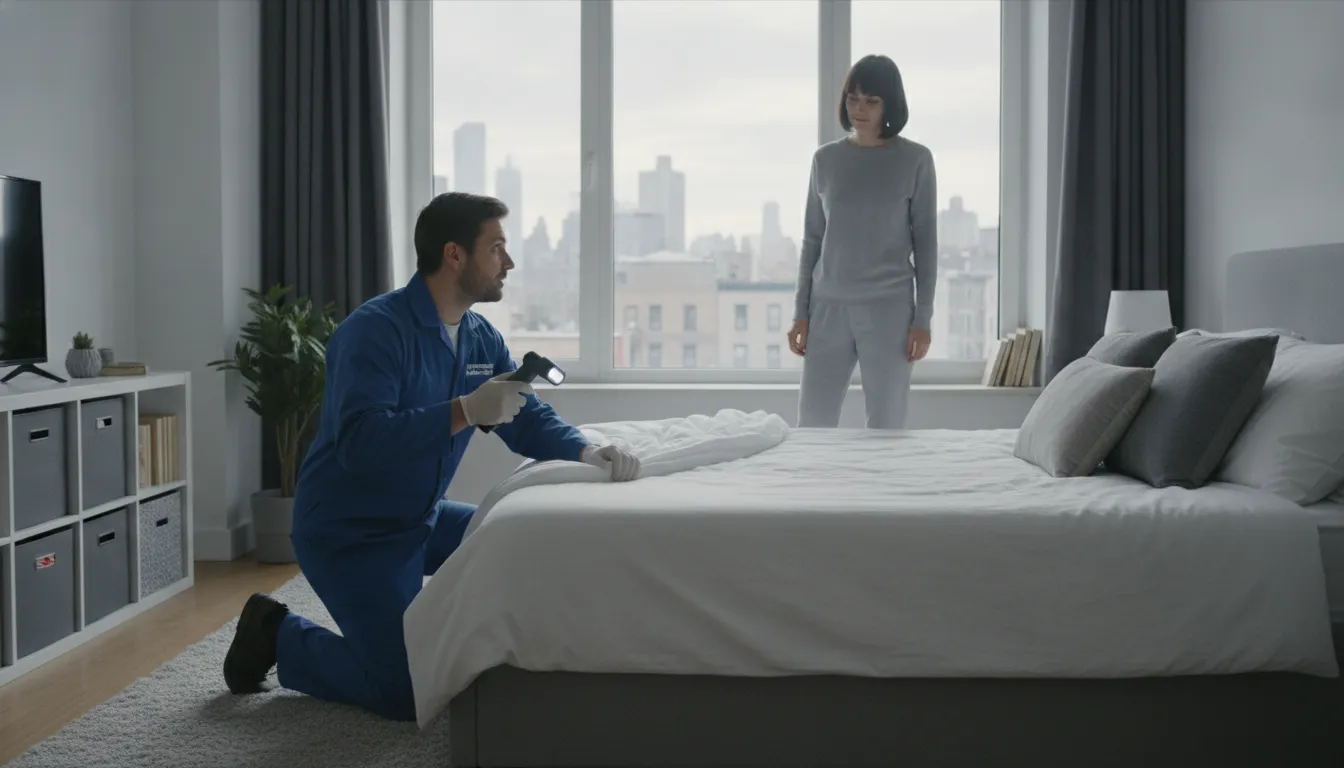 Professional inspecting mattress seams for bed bugs