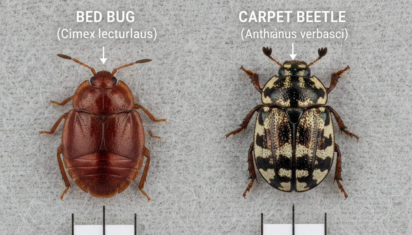 A highly detailed close-up comparing a reddish-brown bed bug and a multicolored carpet beetle on a light gray fabric background.