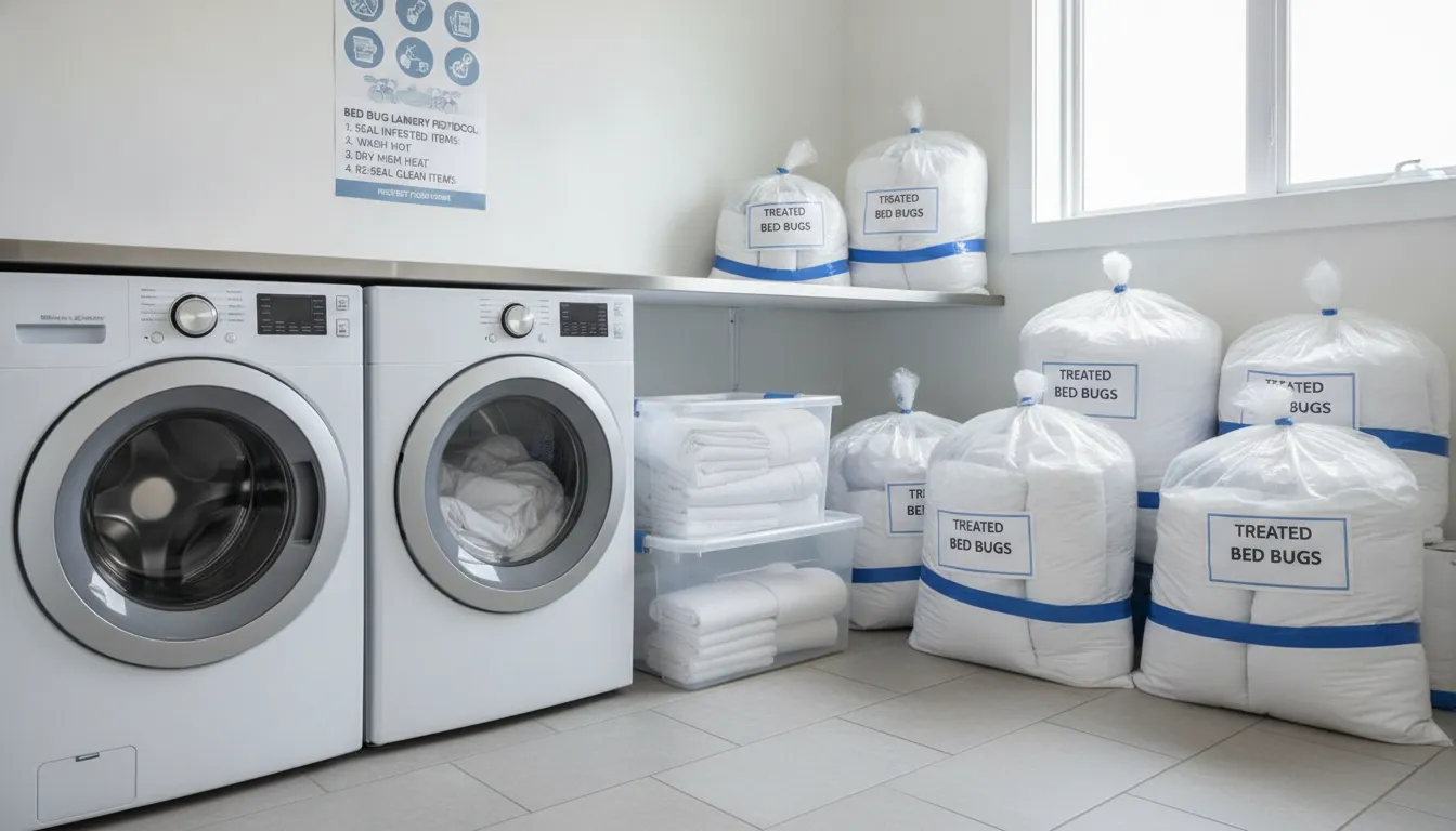 Sealed laundry bags beside a washer and dryer