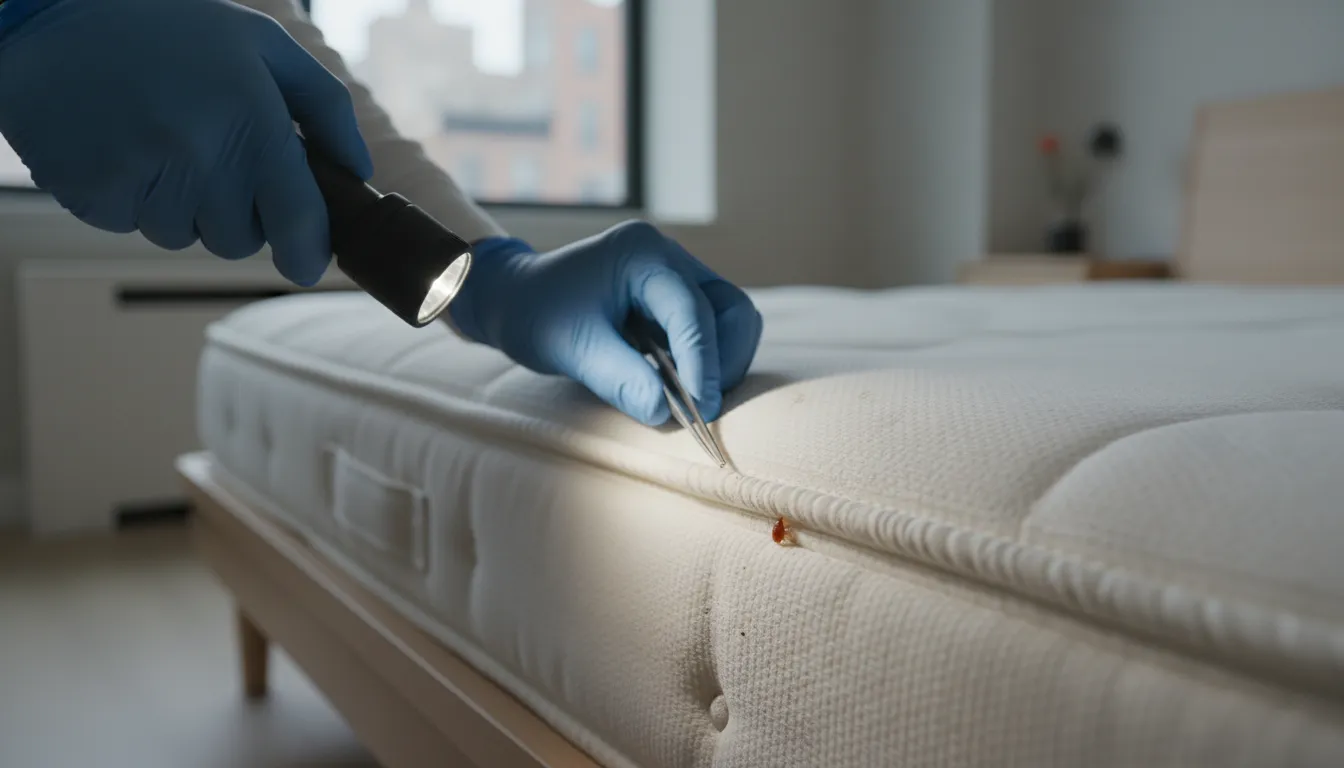 Inspector checking a mattress seam while answering can you see bed bugs in an NYC home