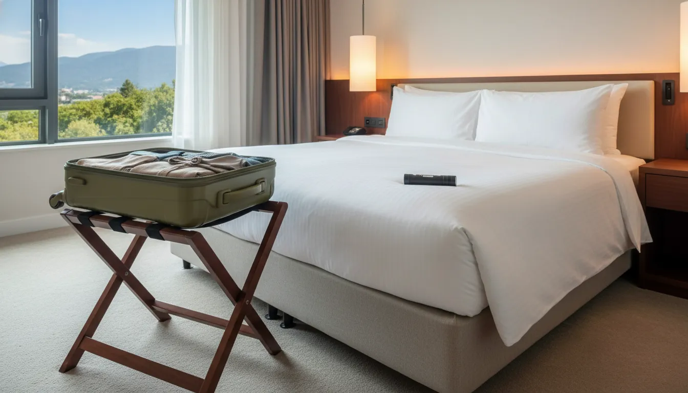 Open suitcase on a hotel luggage rack beside a bed during a bed bug inspection