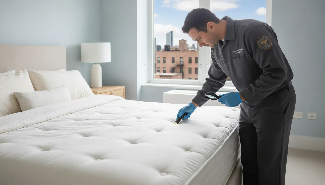 Pest control technician inspecting mattress seams in an NYC apartment
