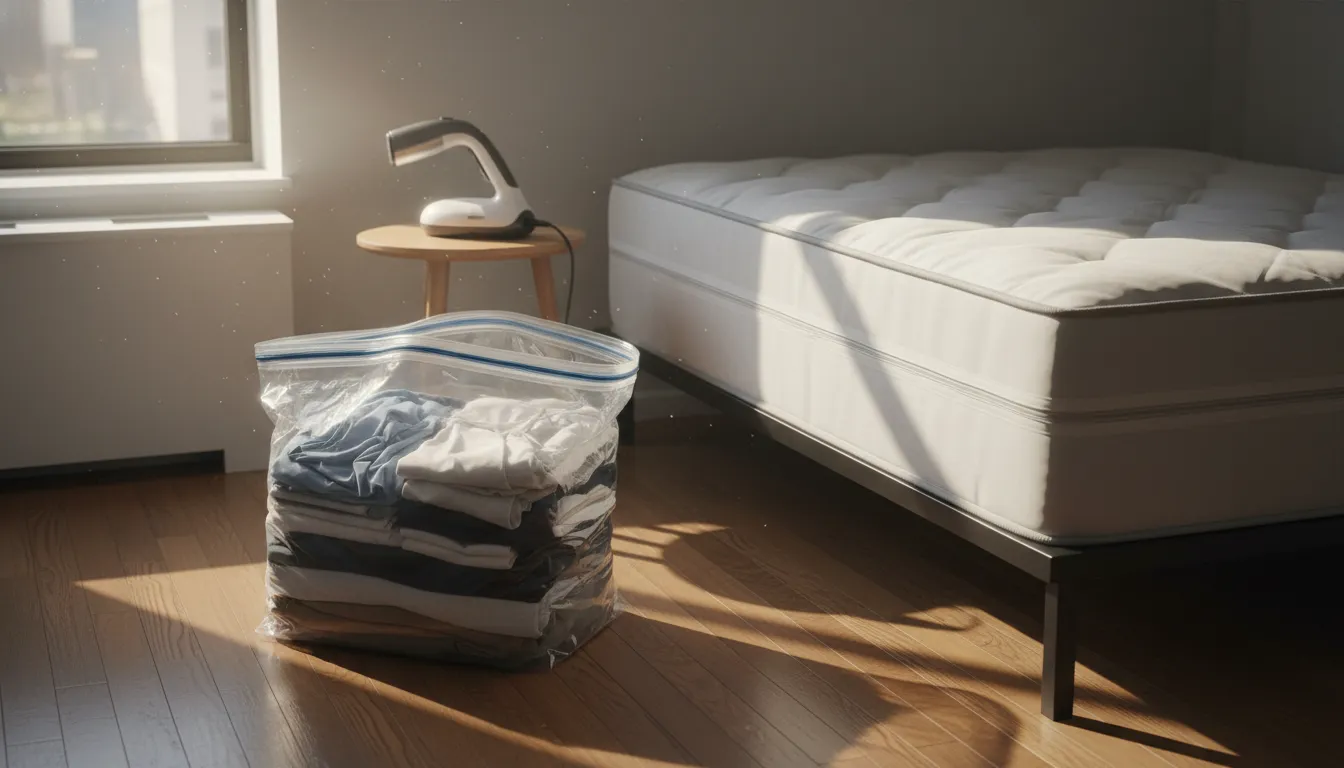 Sealed bedding and a steamer prepared for how to get rid of bed bugs fast in an NYC bedroom