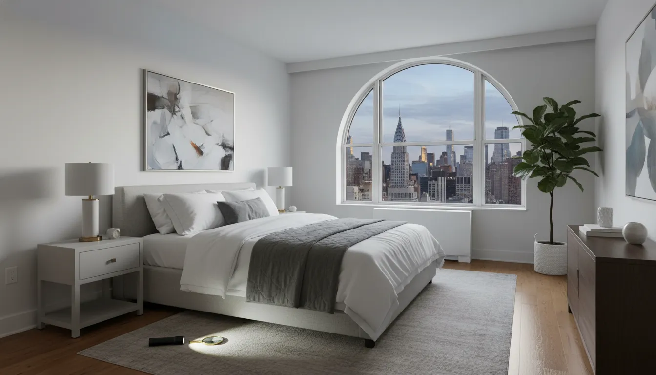 Inspection tools beside a bed in an NYC apartment