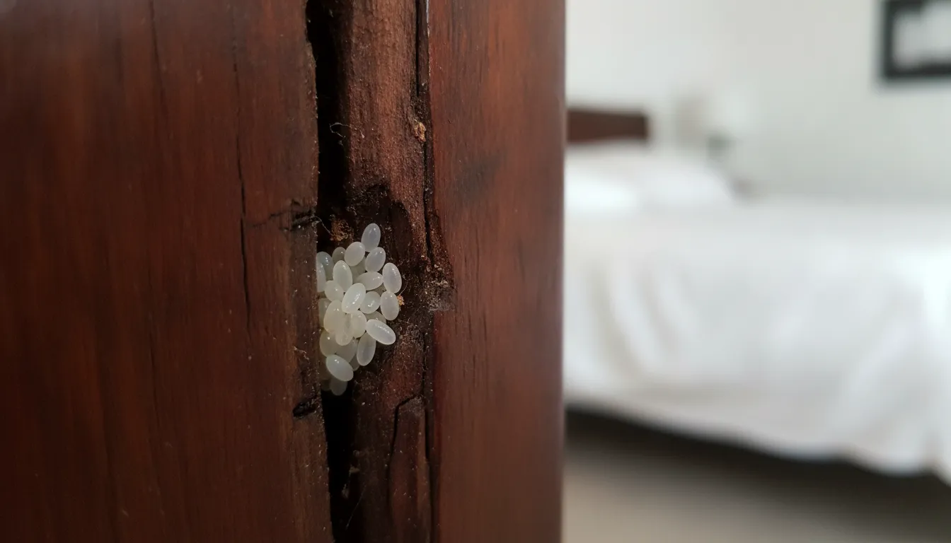 Tiny pearly white bed bug eggs in a bed frame seam