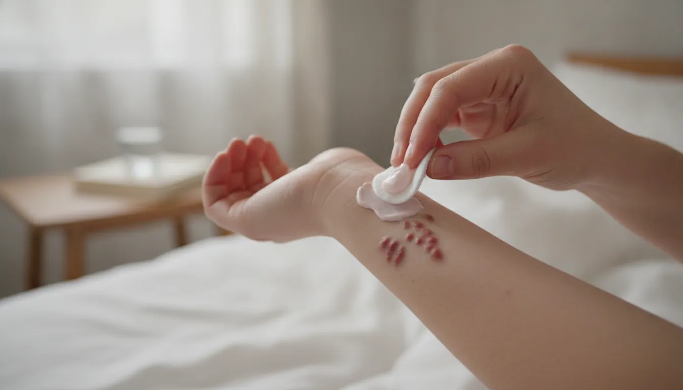 Person applying calamine lotion to soothe bed bug bites on arm