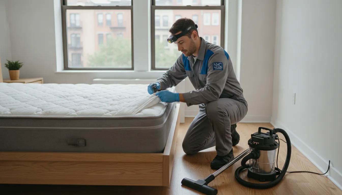 Professional bed bug exterminator technician inspecting a mattress in a clean NYC apartment