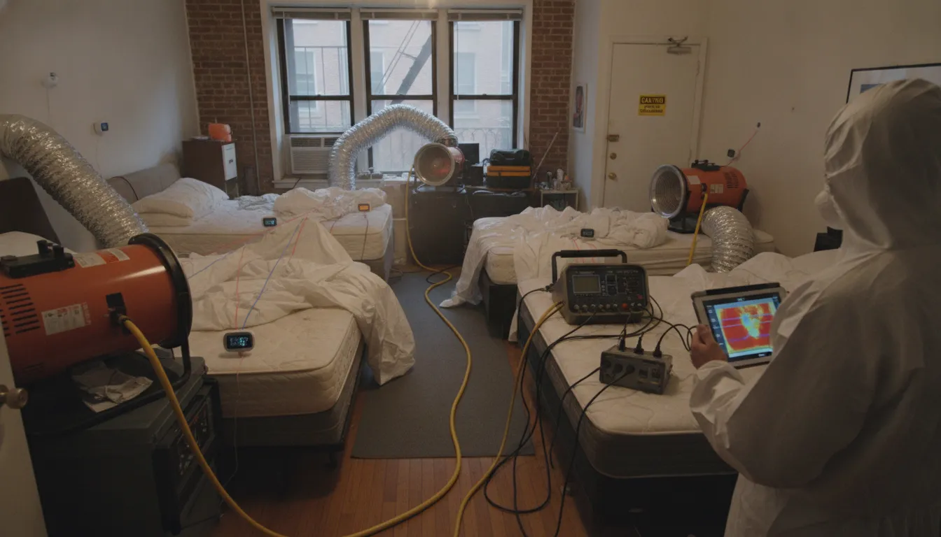 Professional bed bug heat treatment equipment in a New York City apartment with industrial heaters and temperature sensors