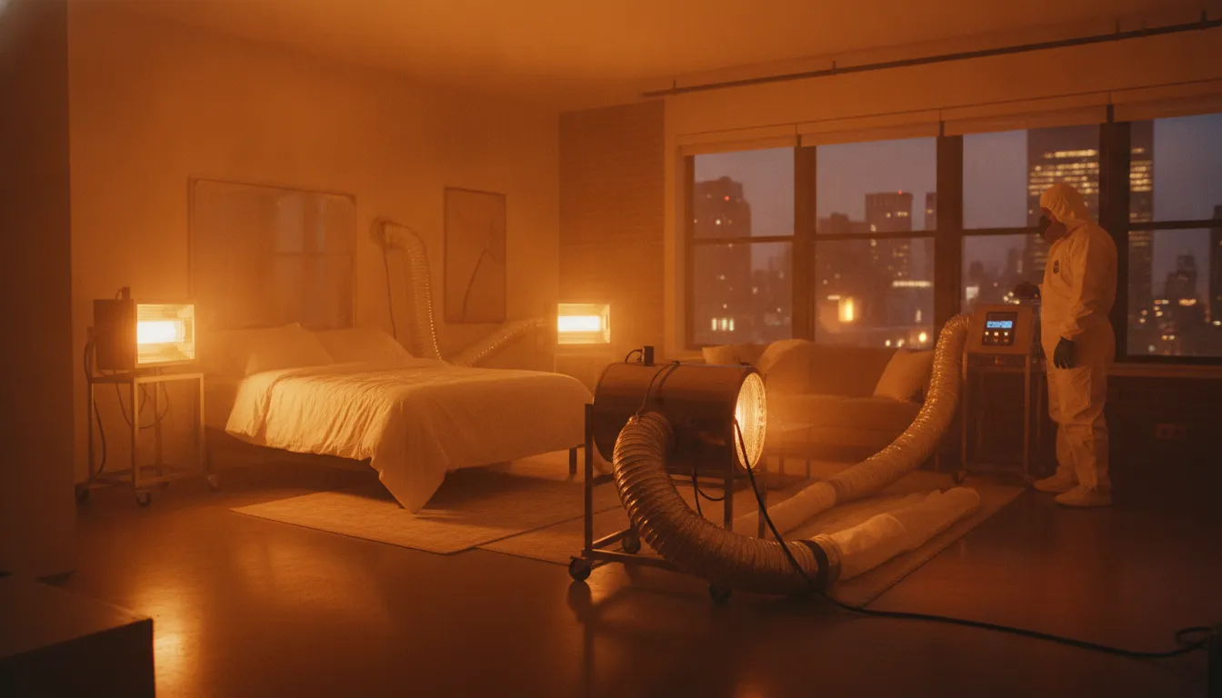Professional bed bug heat treatment equipment in a New York City apartment