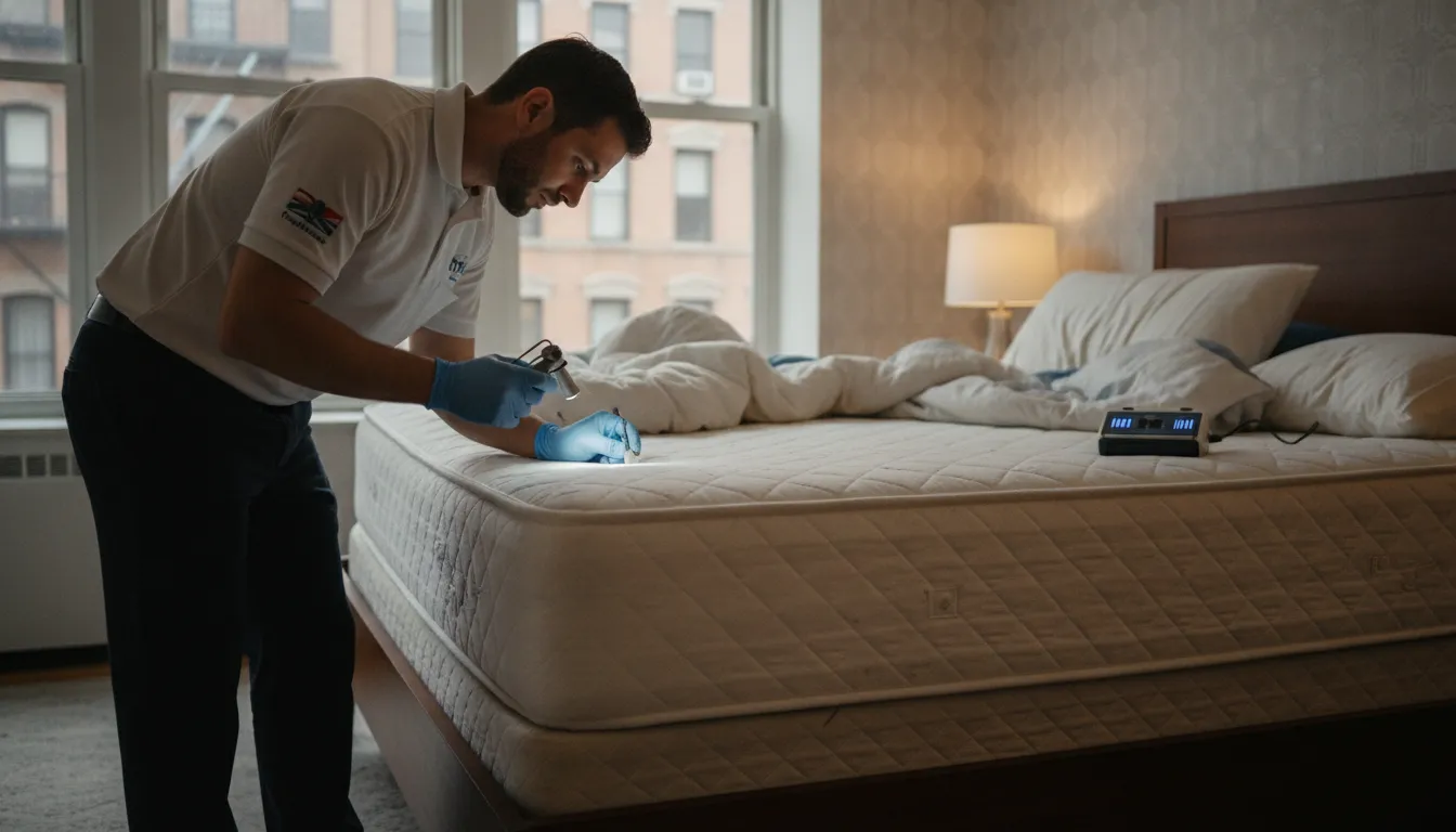 A professional bed bug inspector checking mattress seams for signs of infestation