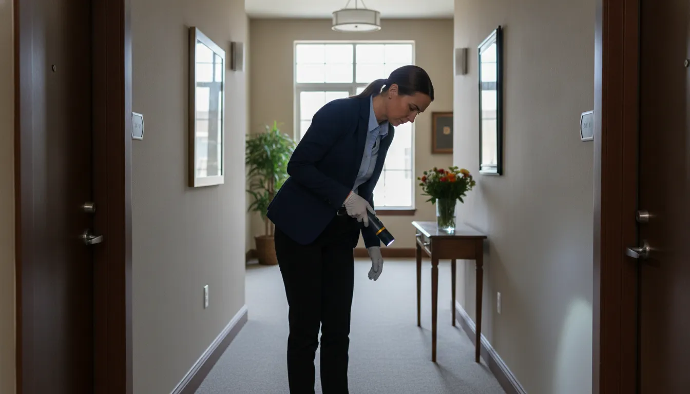 A property manager inspecting an apartment building hallway with a flashlight for signs of bed bugs