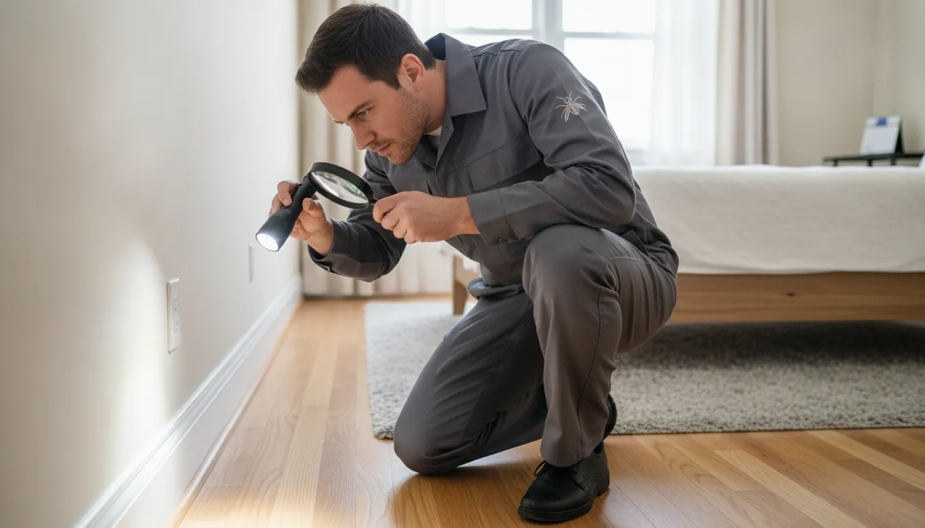 A professional pest control inspector examining the baseboard of a bedroom with a flashlight