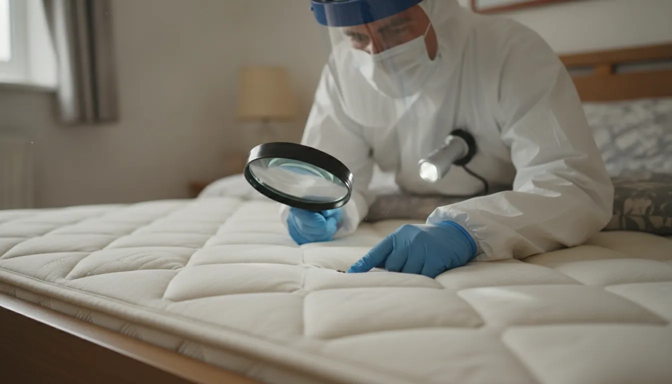 Pest control professional with magnifying glass inspecting a mattress for bed bugs