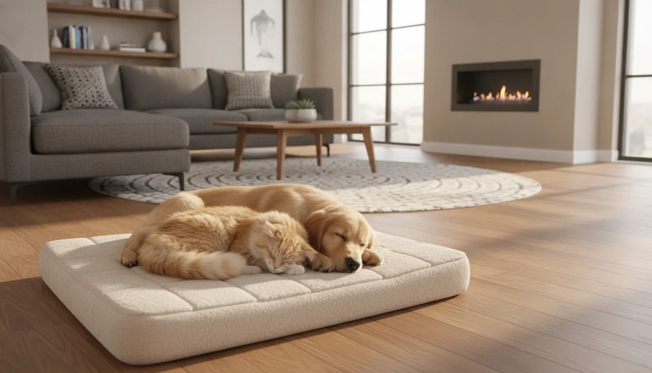 A dog and a cat sleeping peacefully on a clean dog bed in a bright, modern living room