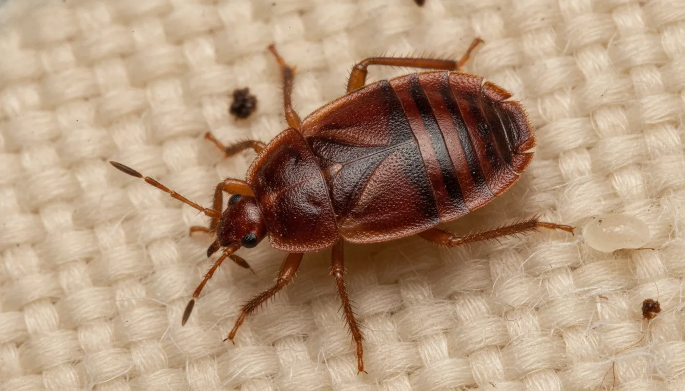Close-up of a bed bug on fabric showing its wingless body and six legs