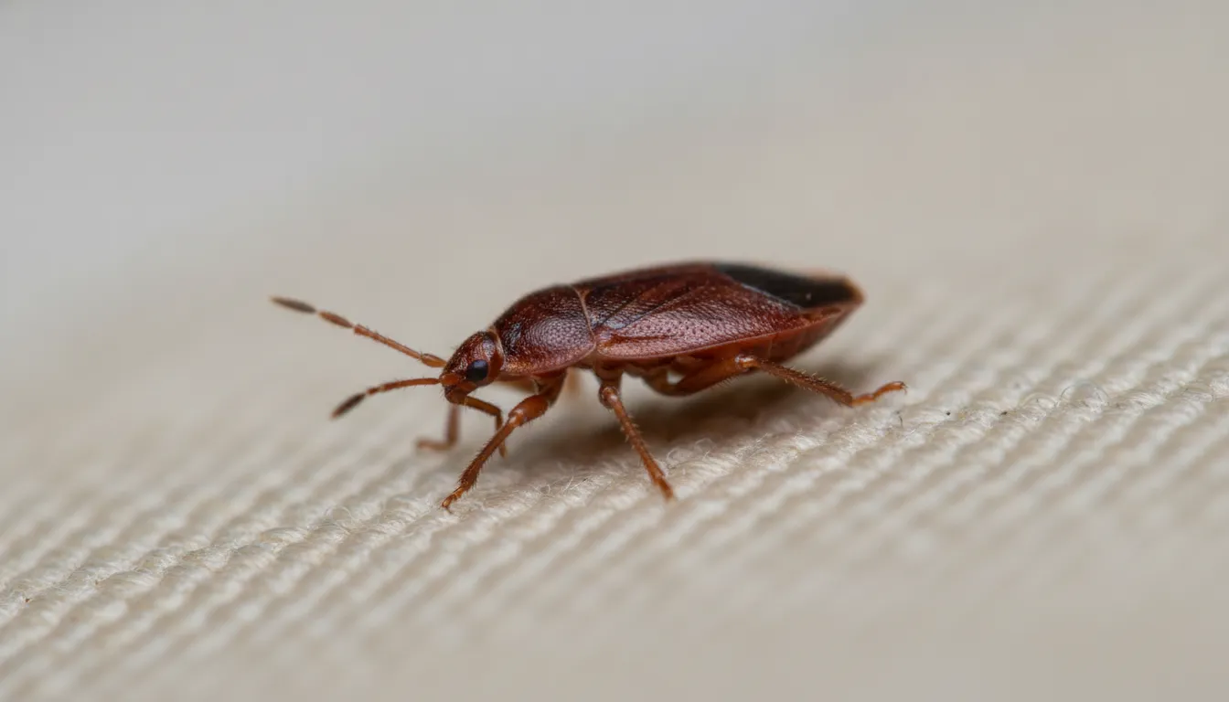 A detailed photograph of a bed bug on a textured fabric surface, illustrating identification features for educational pest control purposes.
