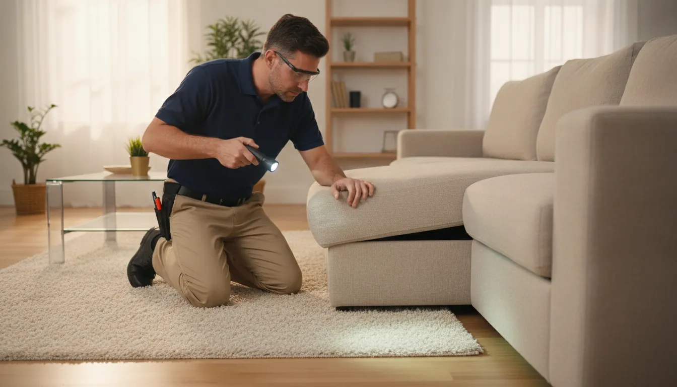 Pest control professional inspecting a sofa for bed bugs