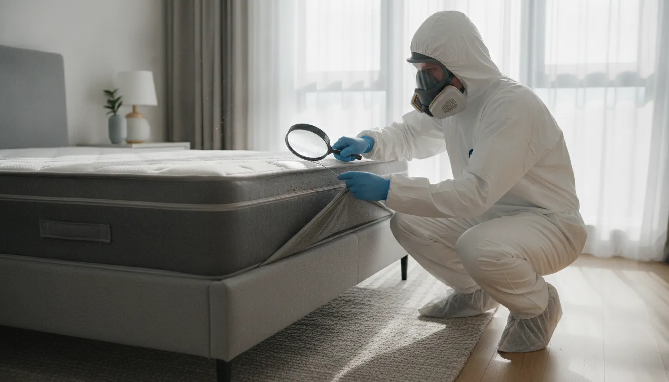 Professional pest control technician inspecting a mattress for bed bugs